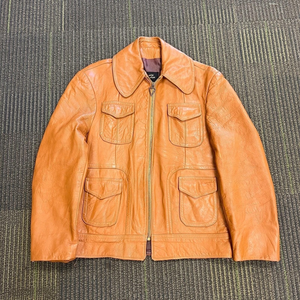 Vintage 1970s Leather Jacket Mens 40 Beige